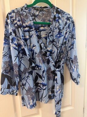 Karl Lagerfeld Blue Floral Wrap Blouse
